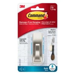 3M Command 3-1/8 In. L Satin Nickel Metal Medium Modern Reflections Bath Coat/Hat Hook 3 Lb. Cap. 1
